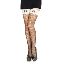 Leg avenue Sexy visnet kousen met contrasterende witte kanten band en zwart strikje