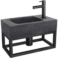 Differnz Fonteinset bombai natuursteen en handoekrek 40x22x9 cm zwart met rechte kraan mat zwart