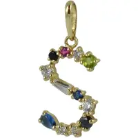 New Bling 9NBSAM-G210062 Gouden hangertje - Dames - Letter - S - 14 x 9,2 mm - Zirkonia - Blauw Safier - Robijn - Agaat - Bedel - 14 Karaat - Goud