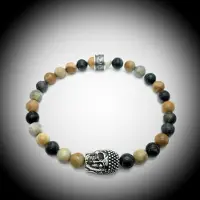 Behave Natuursteen Armband met 925 Sterling Zilver Skull / Buddha / Boedha Bedel van 13 gram Zilver , Handgemaakte Edelsteen Armband met 8mm (Picasso Jaspis) kralen .