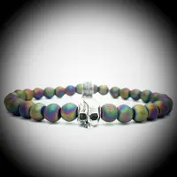 Behave Metalige Armband met Coating met 925 Sterling Zilver Skull Bedel van 6.1gram Zilver , Handgemaakte Edelsteen Armband met 7mm (Multi Hematiet) kralen .
