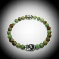 Behave Natuursteen Armband met 925 Sterling Zilver Skull / Buddha / Boedha Bedel van 13 gram Zilver , Handgemaakte Edelsteen Armband met 8mm (Matte groene Opaal) kralen .