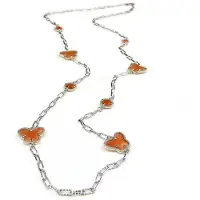 Sophie lange zilveren halsketting collier halssnoer gerhodineerd Model Vlinder en Bol met oranje stenen