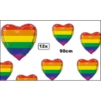 Themaparty 12x Mega Folie ballon regenboog hart 90cm - Pride festival thema feest folieballon lucht party
