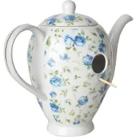 Esschert Design Vogelhuisje Theepot - Blauwe rozen- Nestkastje - - Wit - FB283