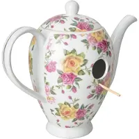 Esschert Design Vogelhuisje Theepot - Geel/roze rozen- Nestkastje - - Wit - FB283