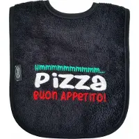 Funnies Zwarte slab met "Hmmmmmmmmmm... Pizza buon appetito!" - italiaans, eten, knoeien, slabbetje, slabber