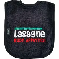 Funnies Zwarte slab met "Hmmmmmmmmmm... Lasagne buon appetito!" - italiaans, eten, knoeien, slabbetje, slabber