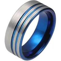 TJ Tom Jaxon Wolfraam heren ring Dubbele Groef Geborsteld Zilverkleurig Blauw-21.5mm