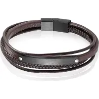 Mendes Heren Armband Bruin Leer Edelstaal ID Graveerplaat Zwart-19cm