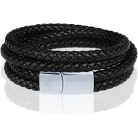 Memphis dubbele wrap armband Leer Zwart Zilver-20cm