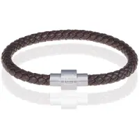 Memphis armband leer met edelstaal Donkerbruin Zilver-20cm
