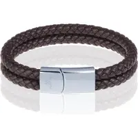 Memphis dubbele leren armband Bruin Zilver-20cm