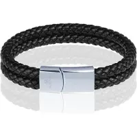 Memphis dubbele leren armband Zwart Zilver-23cm