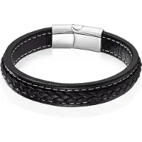 LGT JWLS LGT Jewels Heren Armband Zwart Leer Stitched Edelstaal Sluiting-23cm