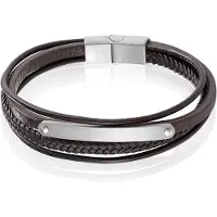 Mendes Heren Armband Bruin Leer Edelstaal ID Graveerplaat Zilverkleurig-19cm