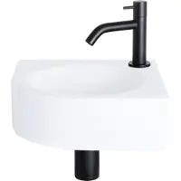 Differnz Cleo wastafelblad, 30x30x10 cm – Wastafel voor badkamer, keramiek, wit – Met kraan voor badkamer, matzwart – Wastafel met gebogen kraan, geschikt voor gastentoilet