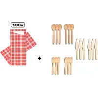 Wefiesta 100x Bestekpochet 8x18,5cm Boerenbont + servet + houten bestekset - bestek pochet servetten tissue diner eten festival snack carnaval festival evenement kerst thema feest