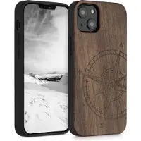Kwmobile telefoonhoesje geschikt voorApple iPhone 13 - Hoesje met bumper - hout - In donkerbruin Vintage Kompas design