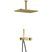 Hotbath Gal IBS41 inbouw regendoucheset met staafhanddouche aan houder en 27x40cm rechthoekige hoofddouche aan 15cm plafondarm geborsteld messing PVD