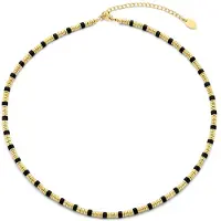 CO88 Collection 8CN-26233 Stalen Ketting - Dames - Zwart Agaat - Kralen - 4 x 2 mm - 38 + 7 cm - Goudkleurig
