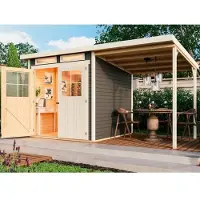Karibu tuinhuis/schuur Glücksburg 3, set met uitbouw, kleur terragrau, afmetingen 397x217x220 cm