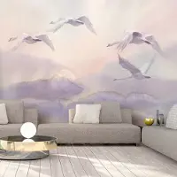 Karo-art 98cm X 70cm - Zelfklevend fotobehang - Vliegende Zwanen, Aquarel (Paars) Premium print