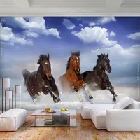 Karo-art 441cm X 315cm - Zelfklevend fotobehang - Wilde paarden in de sneeuw, premium print