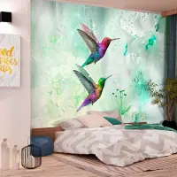 Karo-art 98cm X 70cm - Zelfklevend fotobehang - Kleurrijke Kolibries, Groen, Premium print