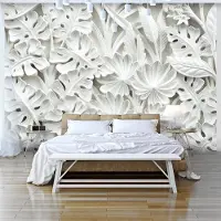 Karo-art 343cm X 245cm - Zelfklevend fotobehang - Witte Bladeren, Prachtig achtergrond behang, Premium print