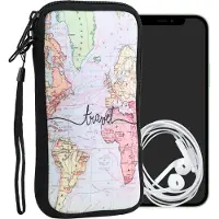 Kwmobile hoesje voor smartphones XL - 6,7/6,8" - hoes van Neopreen - Travel Wereldkaart design - zwart / meerkleurig - binnenmaat 17,2 x 8,4 cm