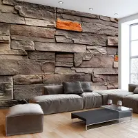Karo-art 343cm X 245cm - Zelfklevend fotobehang - Natuurstenen muur met Oranje, Premium Print