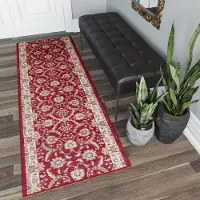 Tapiso Dubai Tapijt Loper Rood Bloemenprint Woonkamer Slaapkamer Hal Maat – 120x450
