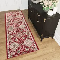 Tapiso Dubai Tapijt Loper Rood Bloemenprint Woonkamer Hal Slaapkamer Maat – 100x1300