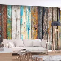 Karo-art 98cm X 70cm - Zelfklevend fotobehang - Houten Regenboog, Planken, Premium Print
