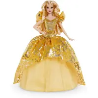 Barbie Signature 2020 Kerstpopp (30 cm, blond lang haar) in een gouden jurk