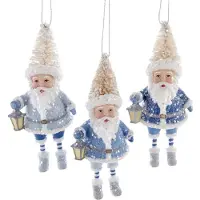 Kurt S. Adler Kerstornament - Kerstmannetjes met kerstboomhoed - set van 3 - blauw wit - 11cm