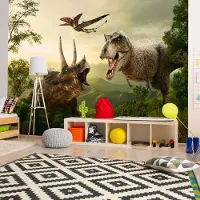 Karo-art 294cm X 210cm - Zelfklevend fotobehang - Dinosaurus in het bos, groen/bruin, 8 maten, Premium Print, geen lijm nodig, instructie bijgesloten, water- en UV bestendig