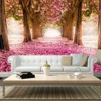 Karo-art 343cm X 245cm - Zelfklevend fotobehang - Roze pad van bloemen door een bos , Premium Print