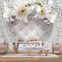 Karo-art 441cm X 315cm - Zelfklevend fotobehang - Lelies op zachte ondergond , Premium Print