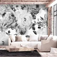 Karo-art 147cm X 105cm - Zelfklevend fotobehang - Wit Grijze Bloemen , Premium Print