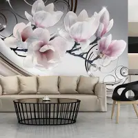 Karo-art 196cm X 140cm - Zelfklevend fotobehang - Schoonheid van Magnolia, roze/wit/grijs, 8 maten, premium print, geen lijm nodig, instructie bijgesloten, water- en UV bestendig
