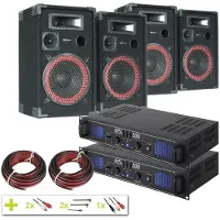 Mega geluidsset met 4 speakers, 2 versterkers en aansluitmateriaal.