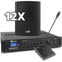 Power Dynamics complete 100V muziekinstallatie / omroepinstallatie met 12 speakers, 120W Bluetooth versterker en kabels - Compleet pakket!
