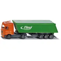 Siku 1796, Mercedes-Benz Vrachtwagen, schaal 1:87, metaal/kunststof, met afneembaar dakzeil van elastisch kunststof, beweegbare opening, loskoppelbare opleggeMet Kiptrailer Oranje/groen (1796)