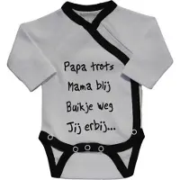 Petit villain Baby romper met tekst - Papa trots Mama blij buikje weg Jij erbij - Omslagromper - Wit/Zwart