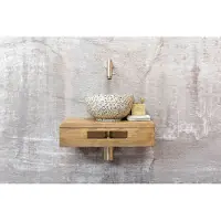 Saniclear Seba fonteinset met bruin eiken plank, zwart-witte terrazzo waskom en RVS kraan voor in het toilet