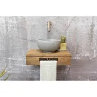 Saniclear Seba fonteinset met bruin eiken plank, grijze terrazzo waskom en RVS kraan voor in het toilet