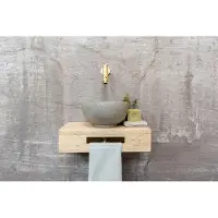 Saniclear Seba fonteinset met eiken plank, grijze terrazzo waskom en gouden kraan voor in het toilet