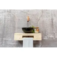 Saniclear Seba fonteinset met eiken plank, zwarte waskom en koperen kraan voor in het toilet